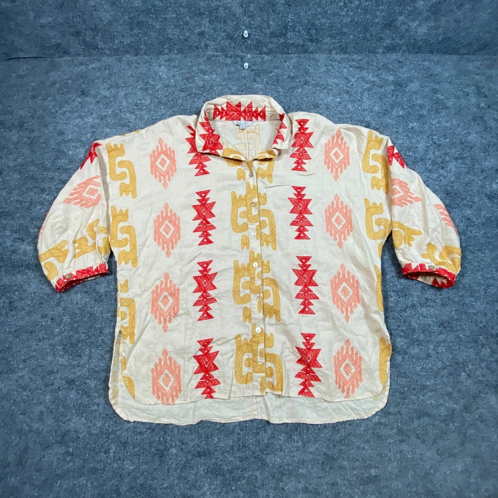 John Mark Womens Medium Linen Embroidered Button Down Shirt Boho 3/4 Sleeve